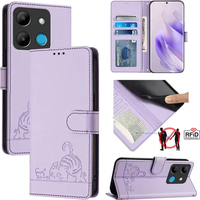 Produktbild von Leder Hülle für Infinix Smart 7 Süße Katze Flip Case Brieftasche Schutzhülle mit Standfunktion Lila