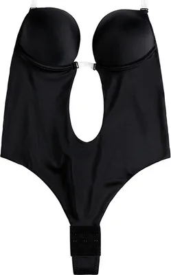 Produktbild von ASKSA Rückenfreier Unsichtbar Body Shaper-BH mit tiefem V-Ausschnitt,Nahtloser Tanga Tiefem V-Bodysuit BHS, Schwarz, L
