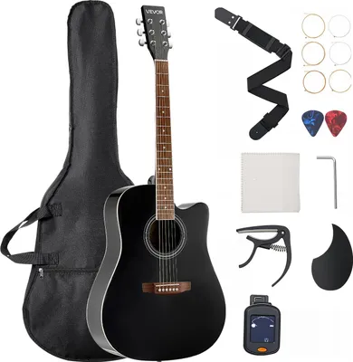 Image de Guitare acoustique VEVOR Cutway, 41 pouces, 6 cordes, table en épicéa massif noir, ensemble pour débutants avec housse, accordeur, sangle, cordes, médiators, capodastre, touche en palissandre, pour jazz solo fingerstyle adulte