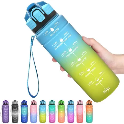 Immagine prodotto di Borraccia sportiva da 500 ml, blu e gialla, a prova di perdite, con indicatore del tempo, priva di BPA, in Tritan