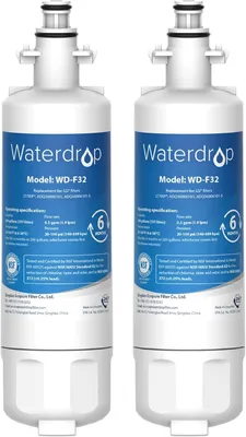 Two white refrigerator water filters with blue labels are shown against a white background.