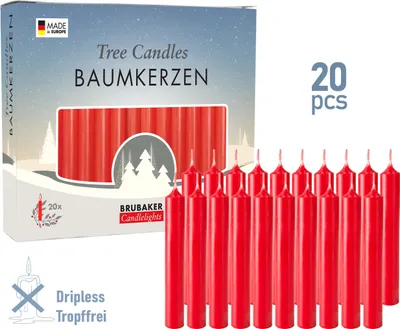 Produktbild von BRUBAKER Baumkerzen Wachs - Weihnachtskerzen für Weihnachtspyramiden und Schwibbögen - Pyramidenkerzen Christbaumkerzen, 20 Stück, Rot