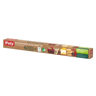 A long cardboard box with images of baked goods on it, representing baking paper sheets.