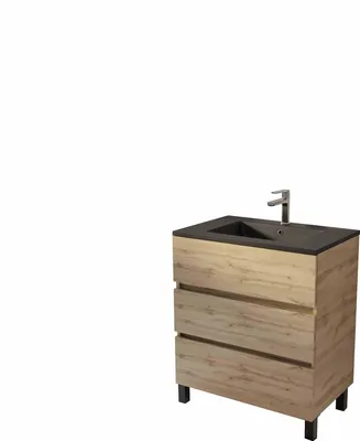 Image de Meuble de salle de bains 70 cm TIMBER -Reproduction Chêne Naturel 3 tiroirs avec Vasque noire