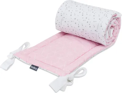 Produktbild von Bellochi Kantenschutz Baby Babybett Umrandungen Nestchen Kopfschutz Gitterbett Umrandung 180x30 cm - 100% Baumwolle - für Kinderbett mit Rausfallschutz Baby Beistellbett 120x60 cm - rosa und weiß - Aurora