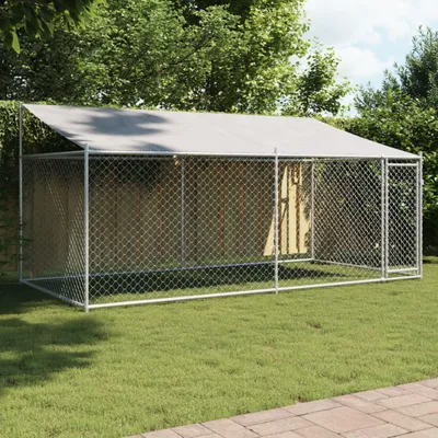 Produktbild von vidaXL Psia búda so strechou a dverami Sivá 4x2x2 m Pozinkovaná oceľ