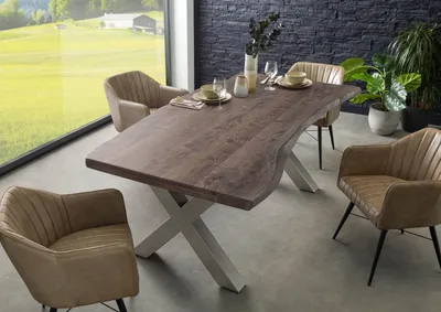 Produktbild von MASSIVMOEBEL24 Baumtisch Akazie 220x100x77 grau lackiert / X-Beine silber matt FREEFORM 5