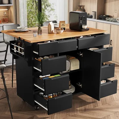 Zdjęcie produktu dla Wyspa kuchenna z rozkładanym blatem, 8 szuflad, kółka i kółka z blokadą, czarny wózek kuchenny z MDF, wymiary: 122 x 74,5 x 91,5 cm