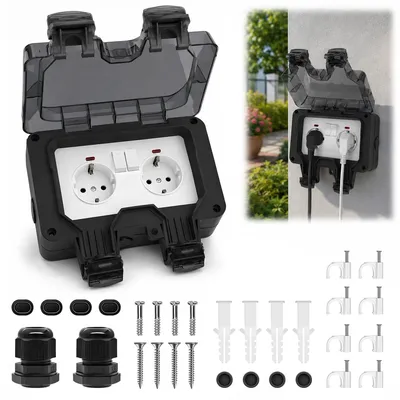Produktbild von Wasserdichte Außensteckdose mit Schalter & LED, Doppelsteckdose, Aufputz, für Feuchträume, Gartensteckdose mit Klappdeckel, staub-/regengeschützt