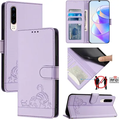 Produktbild von Leder Hülle für Huawei P30 Süße Katze Flip Case Brieftasche Schutzhülle mit Standfunktion Lila