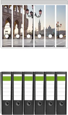 Produktbild von Wallario 6 Stück breite Ordner inkl. Klebeetiketten mit Motive Venedig - Dogenpalast, Markusplatz und San Giorgio Maggiore II -  Set mit Rückenschildern / Ordnerrücken Stickern