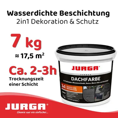 Produktbild von Jurga Dachfarbe Schwarz 7kg, Sockelfarbe WASSERDICHT, Fassadenfarbe für Außen, Dachbeschichtung für Blechdach, Bitumen, Dachpappe, Schindeln, Putz