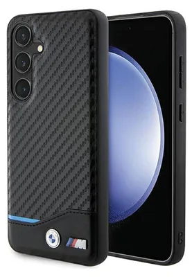 A black phone case with a carbon fiber texture and BMW branding is shown next to a smartphone.