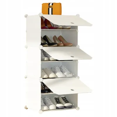 A white modular shoe rack with several compartments, some open and some closed, displaying various shoes. An orange and black striped bag sits on top.