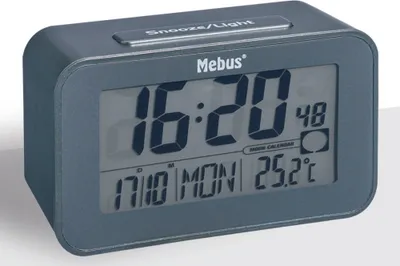 A digital alarm clock is shown against a white background.