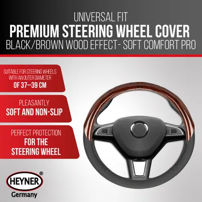 Obrázok produktu pre HEYNER® Poťah na volant do auta, 37–39 cm – protišmykový, mäkký, s dobrou priľnavosťou, čierno-hnedý, s dreveným vzhľadom
