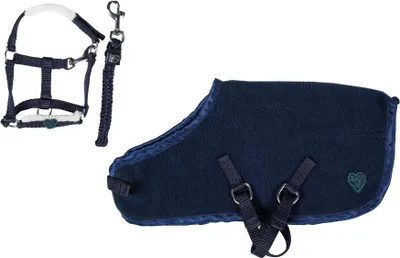 A navy blue horse halter and lead set, and a navy blue horse blanket are displayed against a white background.
