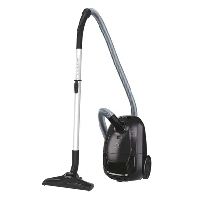 A black Hoover vacuum cleaner with a gray hose and silver wand, shown against a white background.