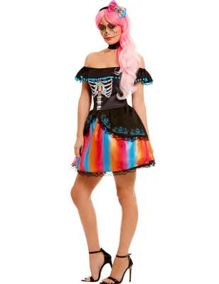 Produktbild von Smiffys Tag-der-Toten Se¤orita Ombr‚ Kost?m, Schwarz, mit Kleid, Halsband & Stirnband
