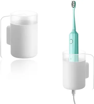 Obrázek produktu pro Sada 2 držáků na elektrické zubní kartáčky, montáž na zeď, bílá, kulatá základna, koupelny, toalety