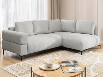Produktbild von Cardea - Modernes Ecksofa in Bubble-Optik aus weichem Hellgrau Strukturstoff mit hohem Sitzkomfort, Ottomane rechts