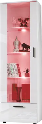 Produktbild von Komodee, Vitrine Schrank Alessandria, Weiß/Weiß, Breite 60cm x Höhe 192cm x Tiefe 42cm, 3 Glasböden, 1 Regal aus laminierter Platte, für Wohnzimmer, Schlafzimmer, LED RGB