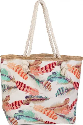 Produktbild von styleBREAKER Strandtasche mit buntem Feder Muster und Bast Saum | separates Kosmetiktäschchen | Reißverschluss | 47 x 32 x 15 cm | Damen Shopper Badetasche