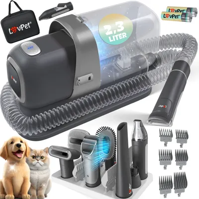 Produktbild von Lovpet® Hundeschermaschine mit Staubsauger | Leise Schermaschine mit AKKU | Haustierpflegeset mit Zubehör für Hund & Katze | Tierhaarschneidemaschine 7in1 2.3L Staubbehälter sowie 7 Pflegewerkzeuge