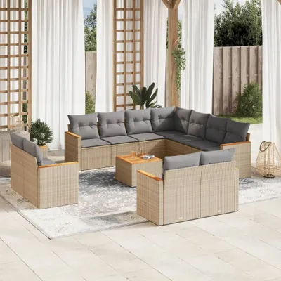 Produktbild von Design 12-tlg. Garten-Sofagarnitur mit Kissen Beige Poly Rattan, Gartenmöbel-Sets 2024 Neu