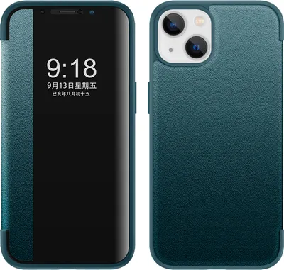 Immagine prodotto di Custodia per iPhone 14 sottile in Finto cuoio con finestra di visualizzazione verde