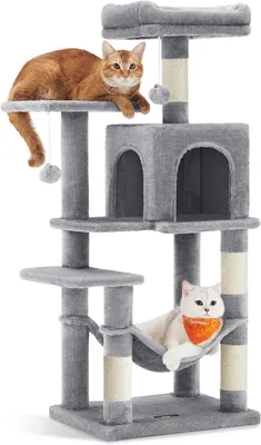 Image de Arbre à chat de 112 cm avec une cabane, une hamac et 4 poteaux à gratter