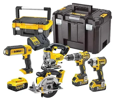 Image de Pack 5 machines DEWALT DCK551P3T : perceuse (DCD796), visseuse à choc (DCF887), scie sauteuse (DCS331), scie circulaire (DCS391) et une lampe LED (DCL050) avec coffret et 3 batteries 5,0 Ah 18V