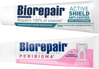 Zdjęcie produktu dla Zestaw past do zębów Biorepair Active Shield Ochrona Dziąseł 2x75ml ochrona przed próchnicą