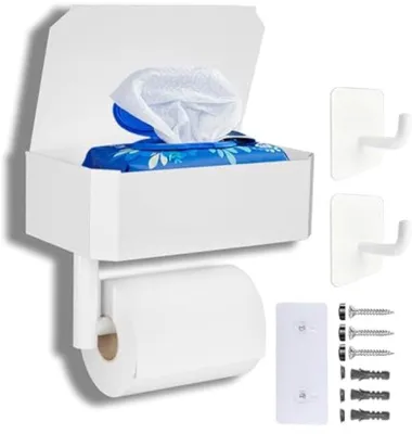 Produktbild von PromoHome® Toiletpapierhalter 4-in-1 mit Ablagefach für Feuchttücher und Handyhalter – Edelstahl, Weiß, Wandmontage