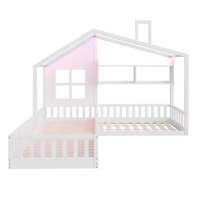 Produktbild von Flieks Kinderbett Hausbett 90x200cm / 140x70cm mit Fenster, Kinderbett Bodenbett mit Tür, Holzbett Einzelbett Doppelbett 2 Kinder, Weiß