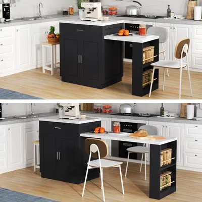 Image de Îlot de cuisine avec table extensible pour 4 à 6 personnes, bicolore, équipé d'une prise électrique, d'un placard, de 2 tiroirs et de 2 étagères ouvertes.