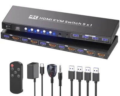 Obrázok produktu pre HDMI KVM prepínač pre 5 počítačov, 1 monitor, 4K60Hz, USB 3.0, 5-portový KVM prepínač
