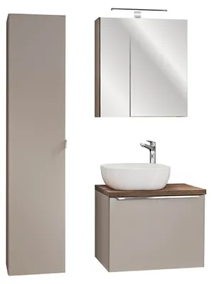 Imagen del producto de Conjunto moderno para baño de 60 cm, color gris, que incluye un mueble, un espejo y un armario auxiliar
