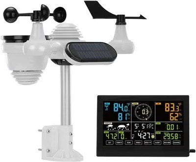 Produktbild von 7-in-1-Wetterstation, draadloos, 7,5-Zoll-Farbdisplay, digitale Wanduhr für Innen und Außen, Temperatur, Luftfeuchtigkeit, Windgeschwindigkeit/Richtung, Regenmessung