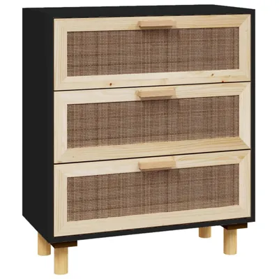 Zdjęcie produktu dla Komoda, czarna, 60x30x70 cm, lita sosna i naturalny rattan