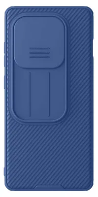 A blue phone case with a sliding camera cover.