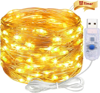 Imagen del producto de Guirnalda de luces USB con temporizador - 5 metros - 50 luces LED de alambre de cobre para interior, con enchufe - Ideal para Halloween y bodas