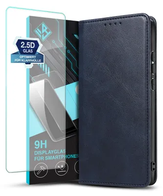 Produktbild von Handyhülle für Samsung Galaxy S25 Edge mit 9H Displayglas Kunstleder Flip Cover Hülle Klapphülle Case Kartenfach Farbe: Blau