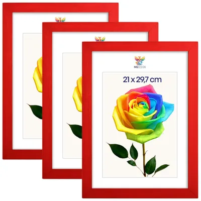 Produktbild von MG Design 3er Set Bilderrahmen Rot A4 21x29,7 cm - Echtholzrahmen mit Acrylglas, hoch/quer, zum Aufhängen & Aufstellen