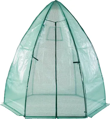 A green greenhouse tent.