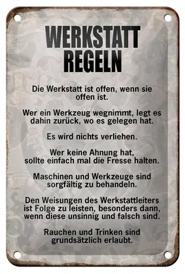 Produktbild von Blechschild Spruch 12x18cm Werkstatt Regeln Werkzeug