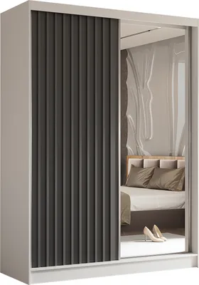Produktbild von Masseno Schiebetürenschrank LAMELLO 160 cm Kleiderschrank Schlafzimmer Schrank 2-türig mit Spiegel und Lamellen Weiß