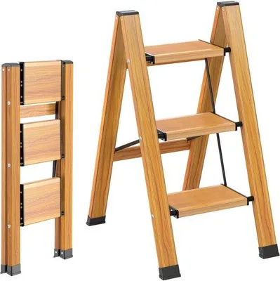 Produktbild von Stufenleiter 3 Stufen - Klappleiter Haushalt - Sichere Arbeit zu Hause - Houtnerf Design - 150 kg belastbar - Houtnerf