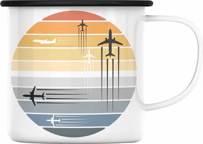 Produktbild von Trendation - Pilot Geschenk Emaille Tasse Flugzeug Fliegen Geschenkidee Piloten Emaille Emaille Tasse Grafik (Schwarz)