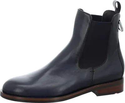 A single blue Chelsea boot is shown against a white background.